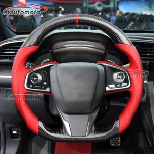 Real Carbon Fiber Red Leather Steering Wheel For 16-21 Honda Civic 10th Type R - Picture 1 of 8