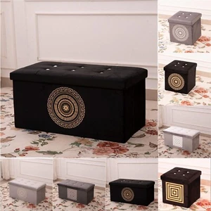 GREEK FOLDABLE 1 OR 2 SEATER VELVET DIAMANTE OTTOMAN STORAGE CUBE TOY BOX CHEST - Picture 1 of 12