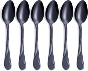 Black Dinner Spoon Set 7.6-Inch Stainless Steel Shiny Soup Tableware Set of 6 - Picture 1 of 6