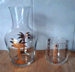 Unusual Bedside Night Carafe Glass Set with Tumbler Glass Gilt Palm Tree Decor