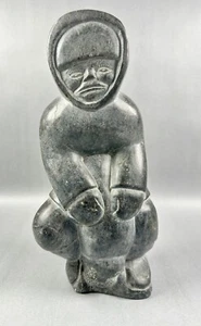 Inuit Eskimo With Seal Stone Carving Statue 12” Tall - Picture 1 of 13