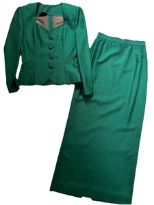 VTG Handmade Emerald Silk Shantung Skirt Suit Set Jacket & Maxi Skirt Lined XS/S - Picture 1 of 24