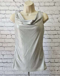 Blusa WHBM Sin Mangas Plateada Brillante Cuello Drapeado Talla XS - Imagen 1 de 10
