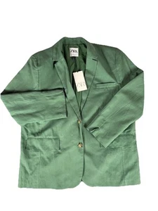NWT ZARA WOMEN NEW LINEN BLEND MENSWEAR STYLE BLAZER JACKET MID-GREEN XXL - Picture 1 of 8