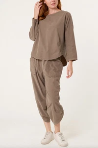 Damen Cord Langarm Oberteil & Crop Hose 2 Stück Loungewear Co-Ord Set - Bild 1 von 15