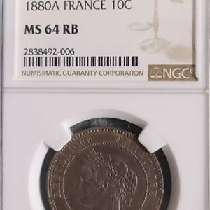 1880-A France 10 Centimes NGC MS 64 RB - Picture 1 of 5