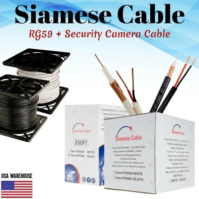 RG59 Siamese Cable 250ft 500ft 1000ft Coaxial 20AWG + 18/2 Security Camera Wire - Image 1 of 4