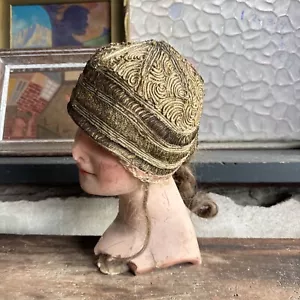 Antique 1920s Gold Lamé & Embroidered Silk Star Headpiece Cloche Hat Vintage - Picture 1 of 15