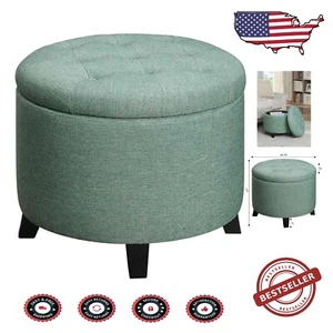 Elegant 19.75" Round Storage Ottoman - Green Fabric Foot Stool for Modern Living - Picture 1 of 11
