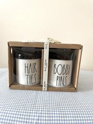 Rae Dunn HAIR TIES and BOBBY PINS 2 Small Ceramic Canisters Looped Lids - Image 1 of 3