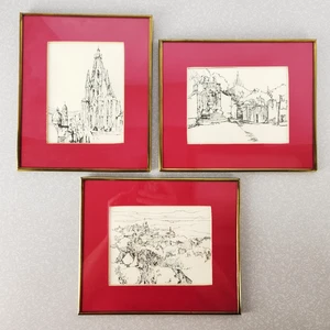 Penna e inchiostro originali vintage disegni paesaggio 7x8,5" ottone cornici fatte a mano appendere - Foto 1 di 15