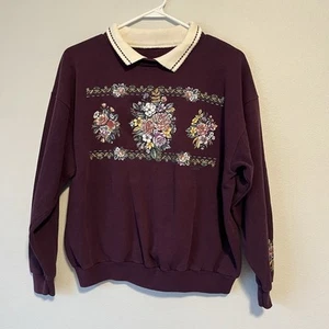 Vintage Women’s Floral Sweatshirt With Collar Granniecore Size S/M - Picture 1 of 8