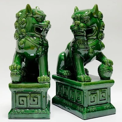 Par de leones guardianes de Feng Shui de cerámica Foo Dogs, estatuas artesanales para el hogar Foto 1 de 4