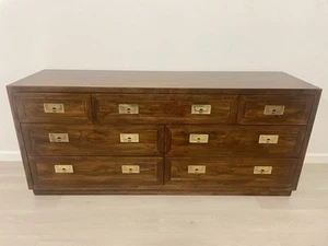 Henredon Campaign Style 7 Drawers Compact 64" Long Dresser Credenza Brass - Picture 1 of 13