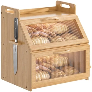 Brown Farmhouse Breadbox - Large Wooden Double Layer Bread Bin with Acrylic W... - Picture 1 of 8