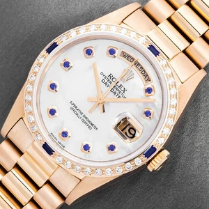 ROLEX MENS DAYDATE MOP SAPPHIRE DIAL - DIAMOND BEZEL - 18K GOLD PRESIDENT WATCH - Picture 1 of 12