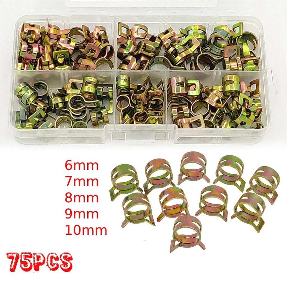 75Pcs Fastener 6-10mm Spring Clip Fuel Water Line Hose Pipe Air Tube Clamps Kit - Image 1 of 4