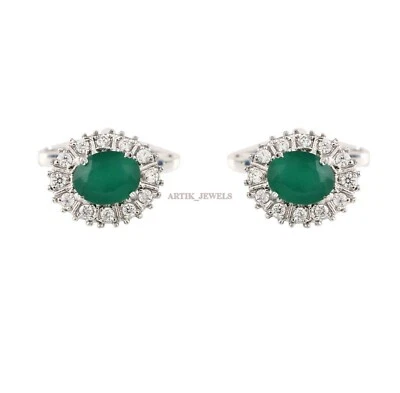 Gemma Di Onice Verde Naturale Con Gemelli In Argento Sterling 925 #2413 - Immagine 1 di 3