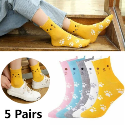 5Pairs Women Cat Socks Funny Cotton Winter Warm Soft Casual Funky Animal Paw Set