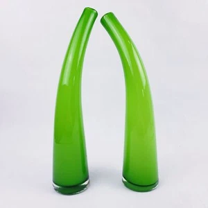2 Lime Green Encased Curved Glass Bud Vases Minimal Design Mid Century Modern - Picture 1 of 8