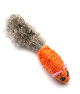 Sisal Mouse Cat Toy- Real Rabbit Fur Tail - Orange - Picture 1 of 2