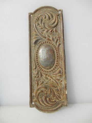 Vintage Iron Finger Plate Push Door Handle Rococo Art Nouveau Floral Flowers Old Cover