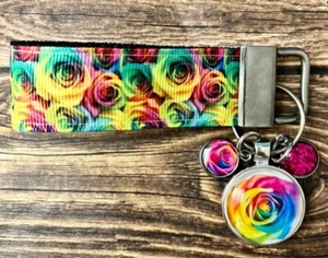 Key Fob Chain Holder Strap Mini 3"  Rainbow Rose Glitter Charm RTS - Picture 1 of 1