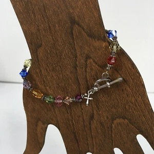 Multicolor facettiertes Kristall Armband Sterling Kreuz Charm 7,5" - Bild 1 von 7