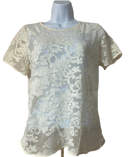 OFF WHITE Top camicia The Limited manica corta pizzo trasparente bianco sporco donna piccola floreale