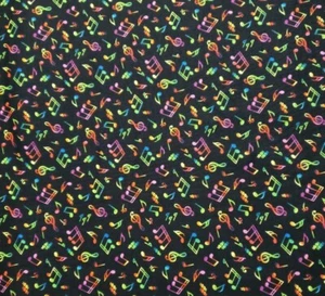 1yd x 43" 100% cotton, Elizabeth's Studio, Jazz, Rainbow Music Notes on Black - Picture 1 of 3