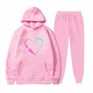 New Women's Solid-Color Printed Long-Sleeved Hoodie and Sweatpants 2-Piece Set - Picture 1 of 47