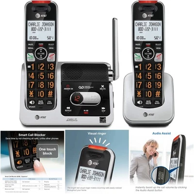 Telefone sem fio 2 aparelhos DECT 6.0 prata/preto bloqueio de chamadas domésticas identificador de chamadas - Imagem 1 de 4