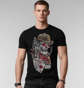T-Shirt Uomo Lusso Strass Moda Gotica Teschio Nero Bianco Alta Qualità - Foto 1 di 18