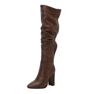 Brown Knee High Boots Women Chunky Heels PU Leather/Cloth Shoes Woman Size 4-18 - Picture 1 of 38