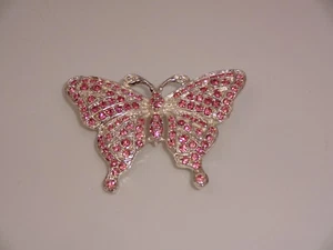 Vintage Roman Pink Rhinestones Butterfly Brooch Silver Tone Scarf Pin Marked - Picture 1 of 2