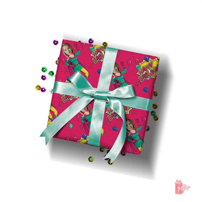 Birthday Gift Wrap with Personalized Photo Face on Girl Superhero Wrapping Paper - Image 1 of 4