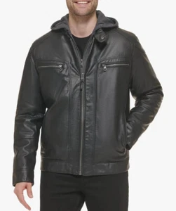 Calvin Klein men's MEDIUM Faux Leather Biker Jacket With Detachable Hoodie - Picture 1 of 4