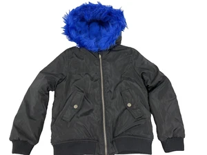Calvin Klein Jeans Faux Fur Zip Up Bomber Jacket Black Trim Blue size 8 - Picture 1 of 8