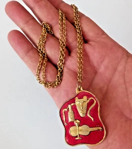 Large Necklace Gilded Brass Vintage Red Enamel Violin Wine Mask Pendant Chain - Picture 1 of 9