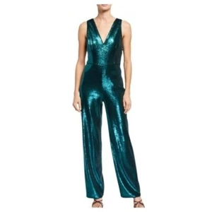Aidan Mattox Emerald Green V Neck Sequin Sleeveless Jumpsuit - Picture 1 of 9