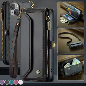 Lanyard Zip Leather Wallet Case Cover For iPhone 16e 15 14 Plus 13 12 11 Pro Max - Picture 1 of 71