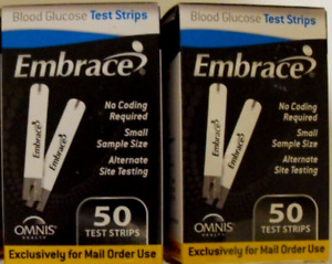 100 EMBRACE  BLOOD GLUCOSE TEST STRIPS 2 BOXES OF 50 XP. 1-25-24, 2-9-24