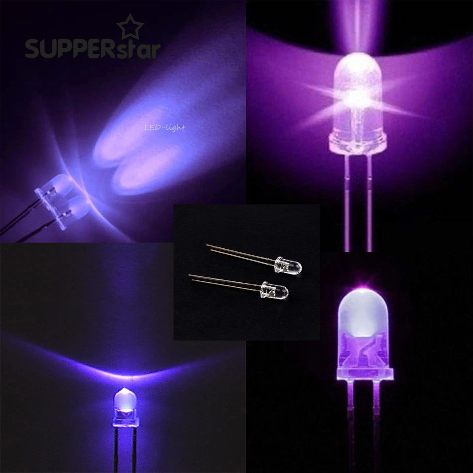 LED Emitting Diode 3/5mm Round UV Purple 365-400nm Super-Bright CLEAR ASS - Bild 1 von 3