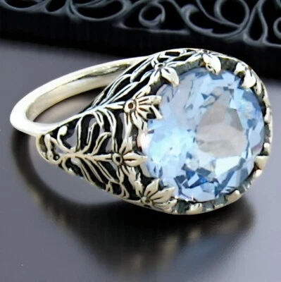 ANILLO AGUAMARINA SIMULADA ESTILO ART NOUVEAU PLATA ESTERLINA 925 4,5 quilates #372 Foto 1 de 4