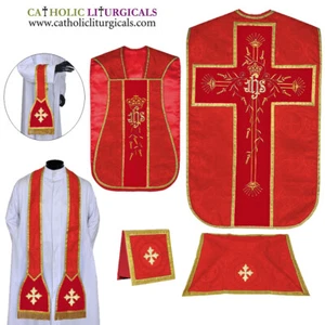 NEU ROT römisches Messstück Fiddleback Set Kleidung Fiddleback 5-teiliges Massenset, Casulla - Bild 1 von 1