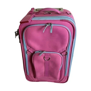 POTTERY BARN KIDS Fairfax Pink LARGE Rolling Luggage SUITCASE Blue Trim 23" - Picture 1 of 18