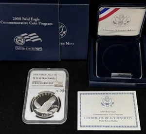 2008 BALD EAGLE Silver Dollar NGC PF70💥FLAWLESS QUALITY💥wt Orig Box & CoA - Picture 1 of 6