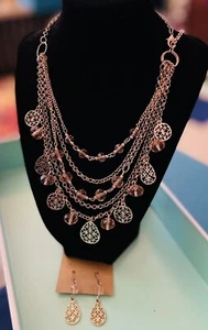 BEAUTIFUL Rose Gold Layered Beaded Necklace and Earrings SET - Picture 1 of 12