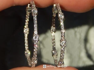 14K WHITE GOLD 2.00 TCW DIAMOND INSIDE OUTSIDE 1.5 INCH LEVERBACK HOOP EARRINGS - Picture 1 of 13