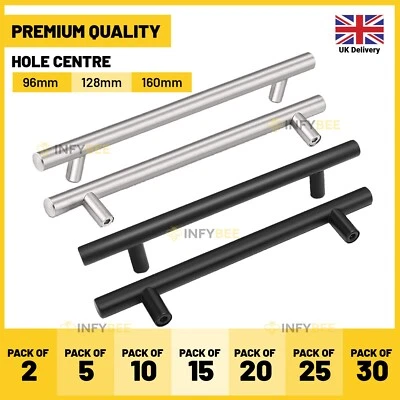 Kitchen Cupboard Cabinet T-Bar Door Handle Brushed Stainless Steel & Black - Image 1 of 4